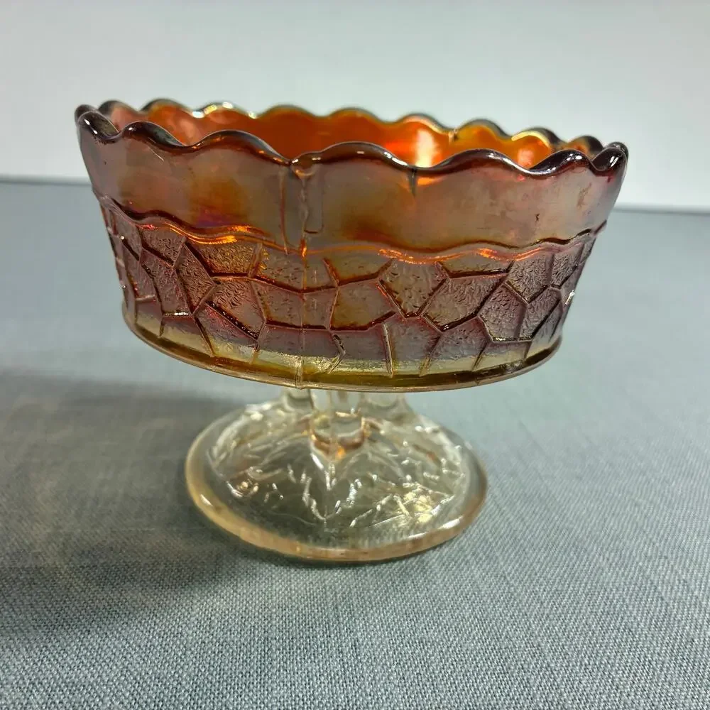 Vintage Marigold Carnival Glass Pedestal Candy Dish Scalloped Bowl 4 Inch